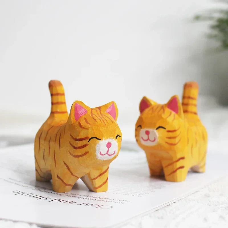 Handmade Wood Carving Kitten Ornaments Small Animal Creative Desktop Wood Cat Decoration Crafts