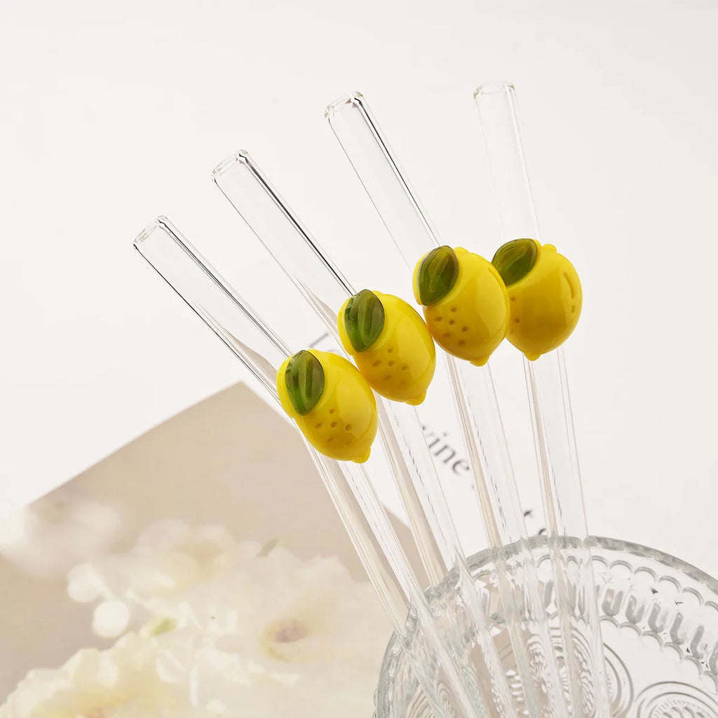 Lemon Glass Bent Straw Set with Brush 2/4/6/8pcs Drinkware