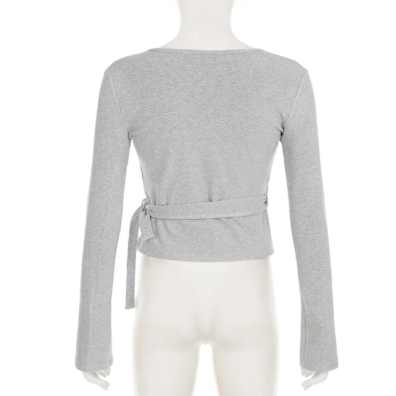 Fashion Drawstring High Waist Trousers Set Lace Up Flared Sleeve V Neck Twist Tops Plush Loose Pants Suit