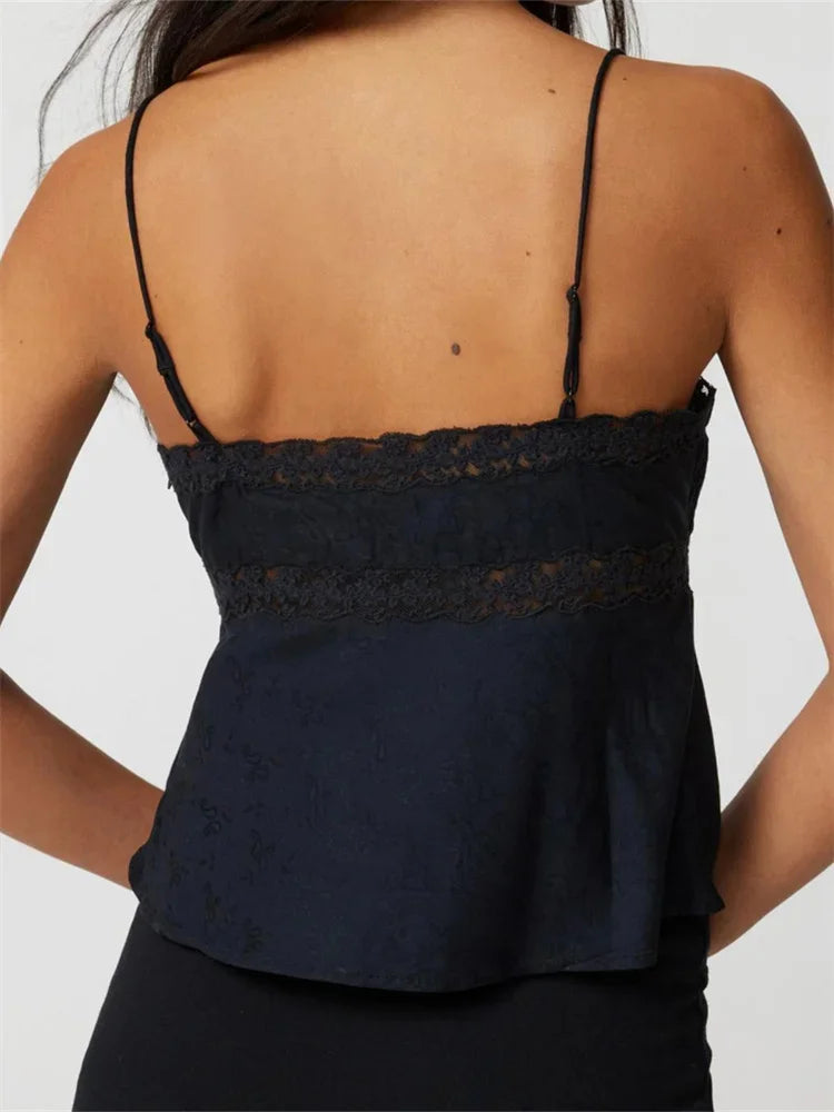 Women Camis Crop Tops Slim Sleeveless Lace Trim Embroidery V Neck Backless Adjustable Spaghetti Strap Party Tank Tops