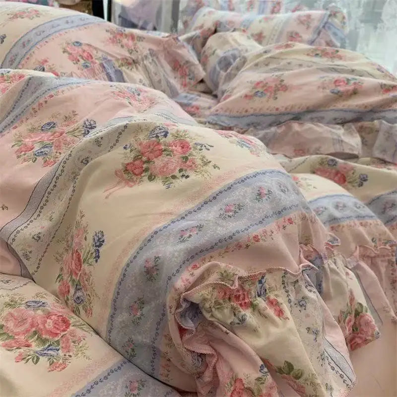 Princess Floral Bedding Set Washed Cotton Vintage French Flowers Lace ruffles Duvet Cover Set Pillowcase