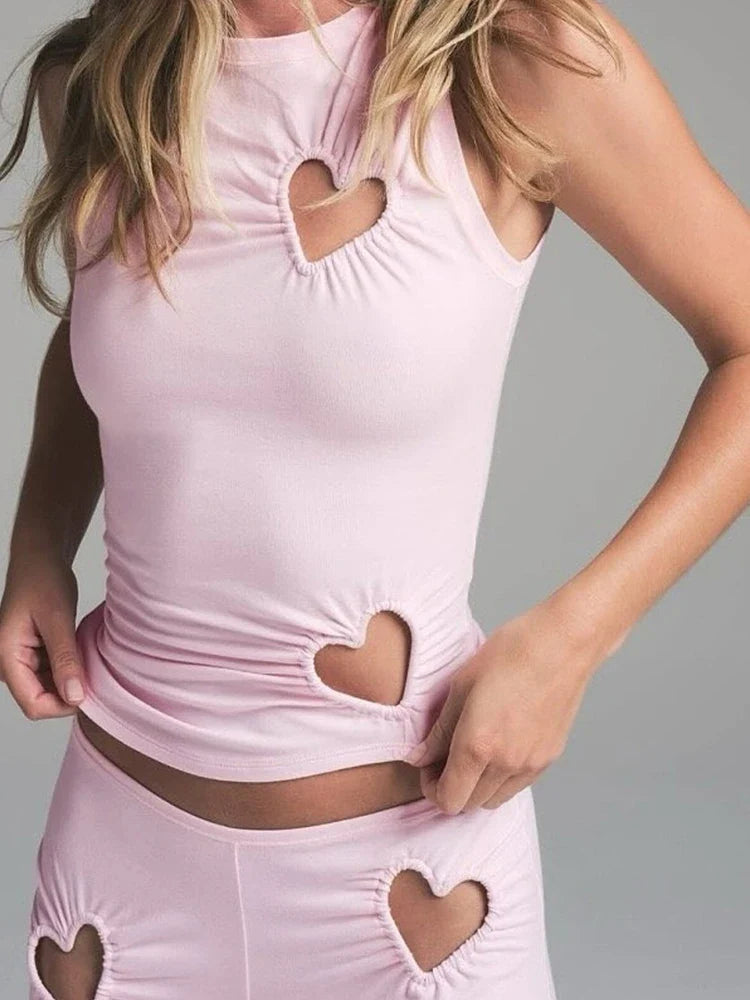Heart Hollow 2 Piece Set Women o-Neck Sleeveless Tops+Skinny Stretch Pants