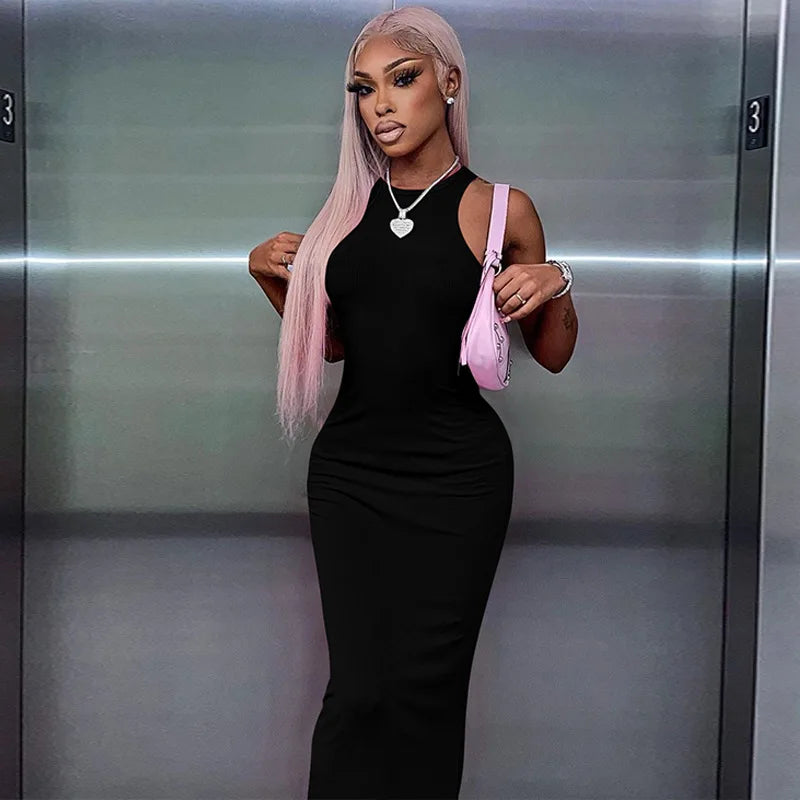 Ribbed Sexy Y2K Clothes Sleeveless Bodycon Maxi Dresses For Women Club Birthday Party Streetwear Elegant Outfits