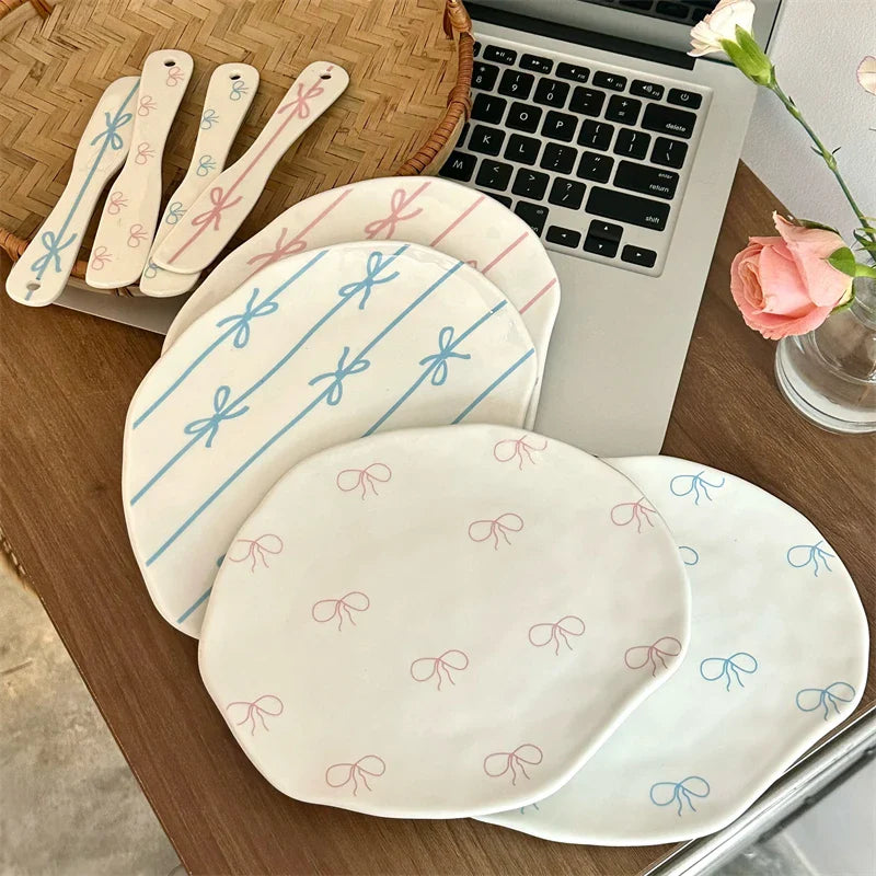Cute Bowknot Kawaii Ceramic Plate For Cake Food Dinner Breakfast Ins Dessert Salad Decorative Dish 8 inch