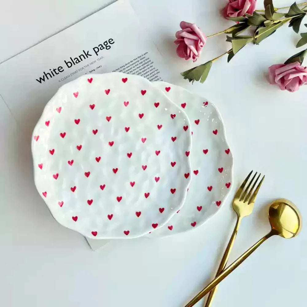 Red Hearts Ceramic Hand-Made Irregular Shaped Porcelain Plates