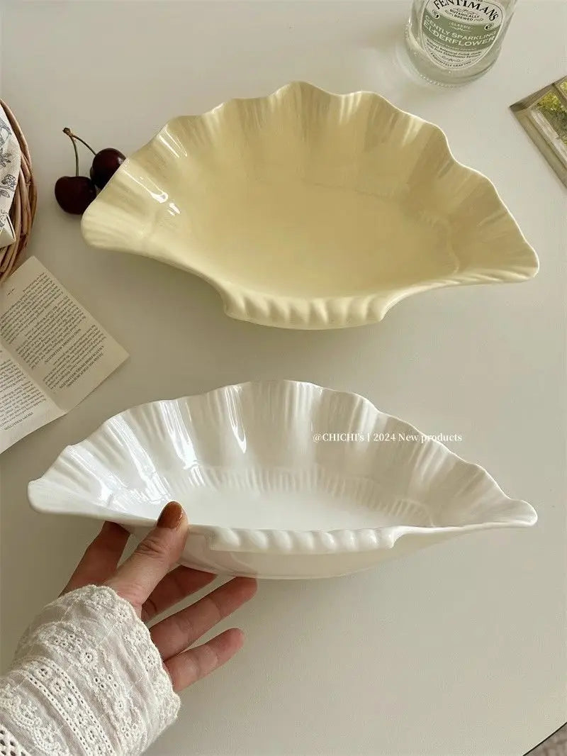 French Vintage Relief Ceramic Big Shell Shaped Dish