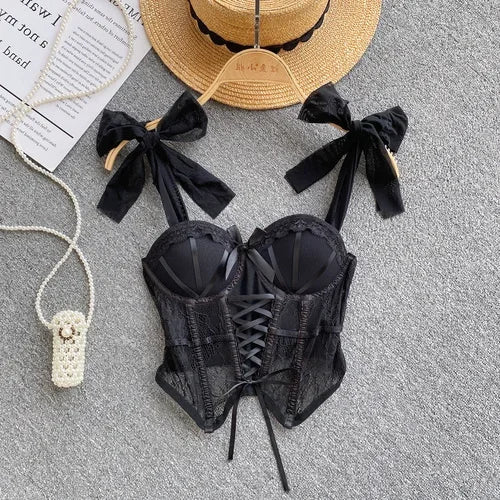 Spaghetti Strap Tank Top for Women Strapless Build in Bra Lace Patchwrok Tulle Bow Camis Summer Casual Female Camisoles