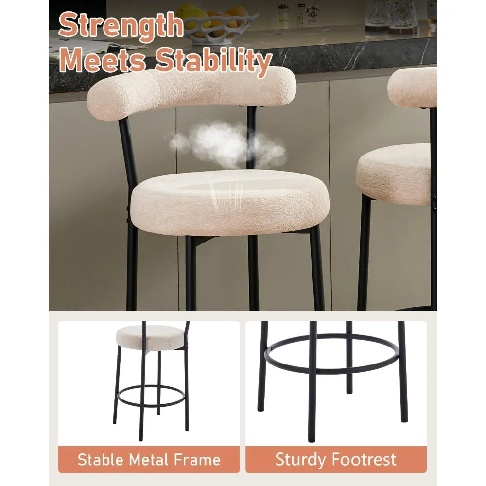 Modern Bar Stools Set of 2 Counter Height Bar stools with Curved Open Back 4'' Round Thick Upholstered Wrinkled Velvet Fabric Set