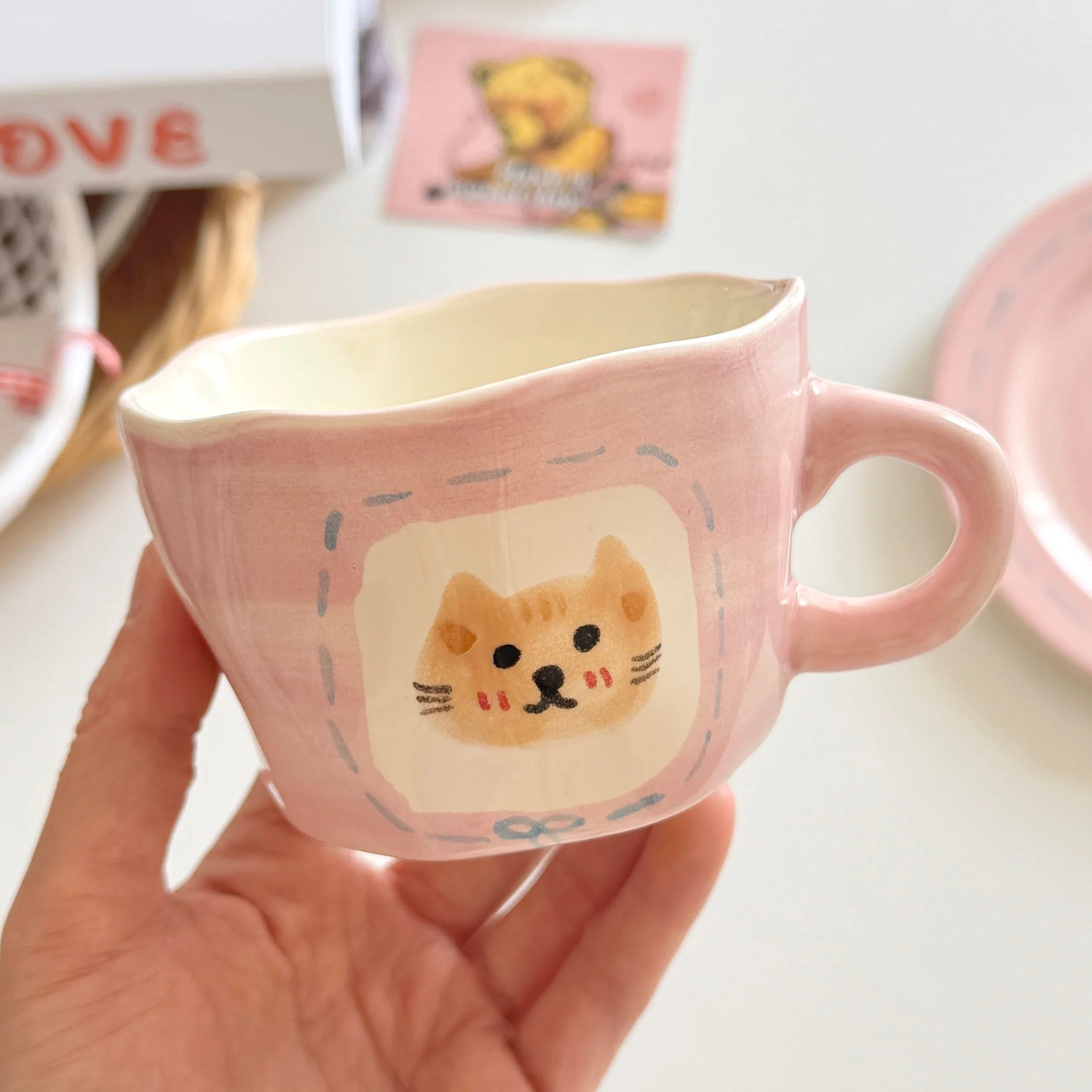 Cute Pink Hand Drawn Ceramic Line Bows 7.9 Inches Serving Plates