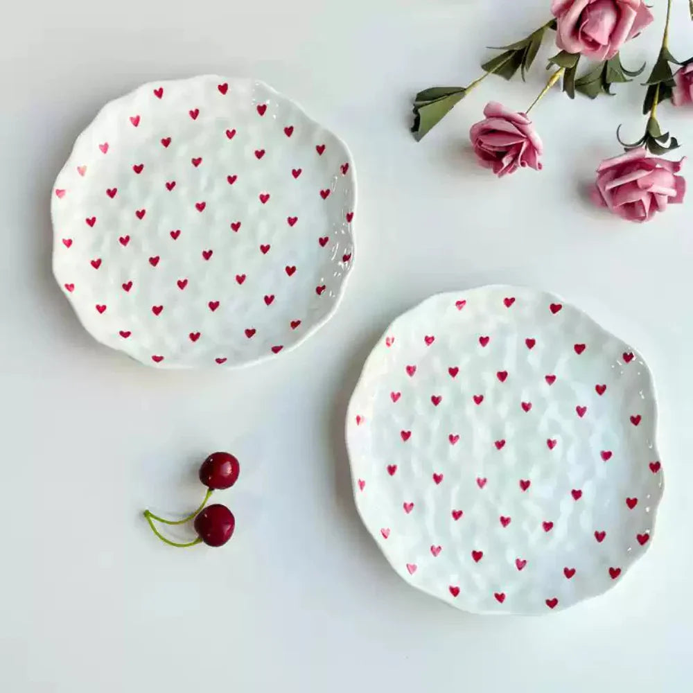 Red Hearts Ceramic Hand-Made Irregular Shaped Porcelain Plates
