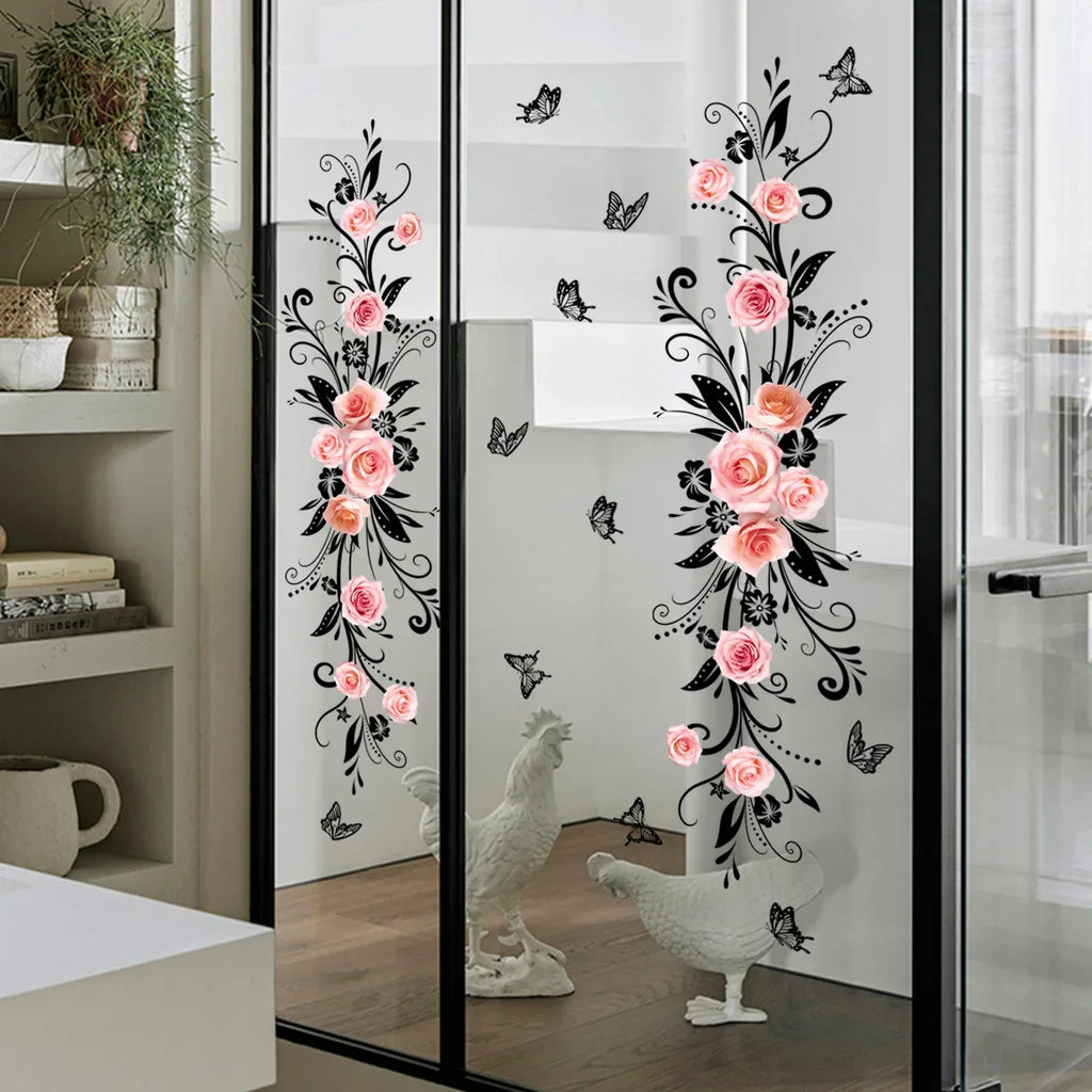 Pink Rose and Black Butterfly Glass Wall Sticker Cozy Living Room Bathroom Bedroom Double Sided Visible Self Adhesive Sticker