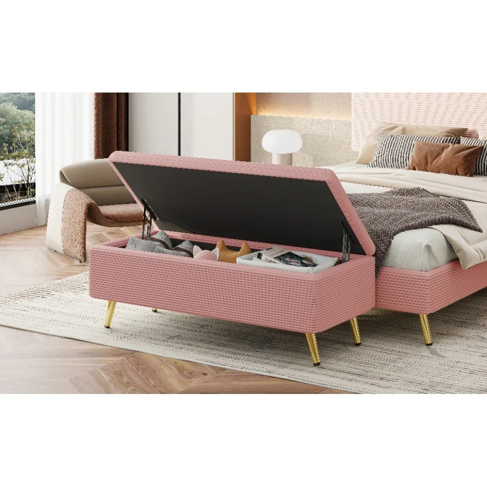 Pink 2 Pieces Bedroom Sets Queen Size Upholstered Bed Frame, Modern Corduroy Storage Ottoman