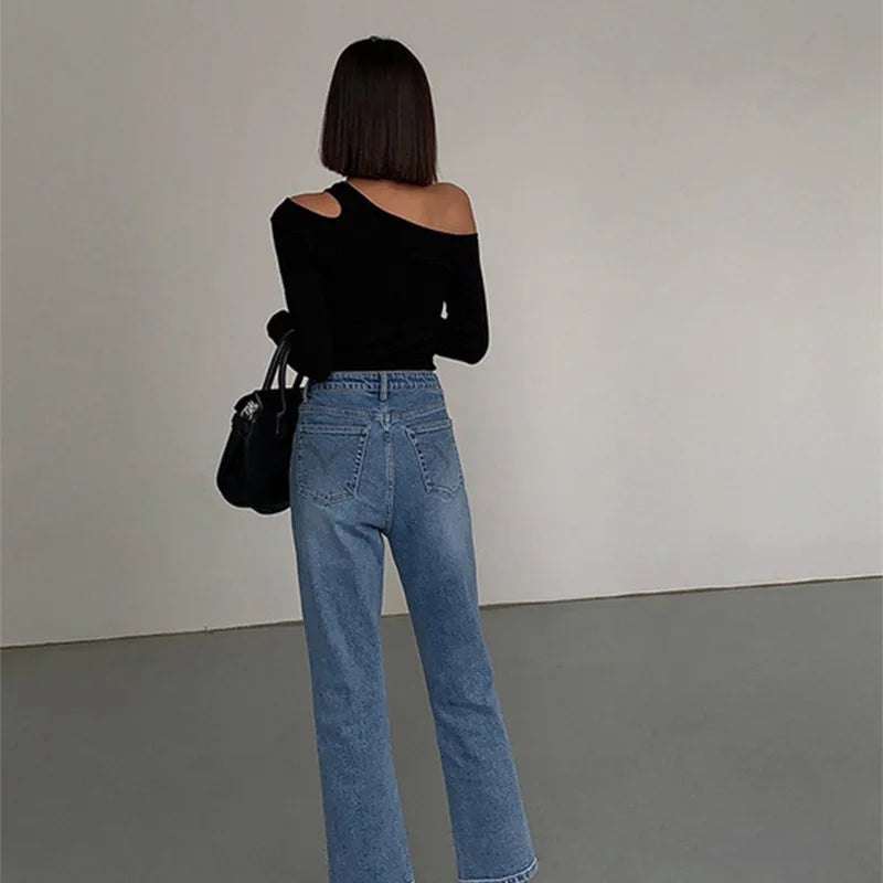 Skew Collar Off-shoulder Long-sleeved T-shirts Women Spring New Solid Slim Fit Crop Top Sexy Hollow Out Tees Shirts