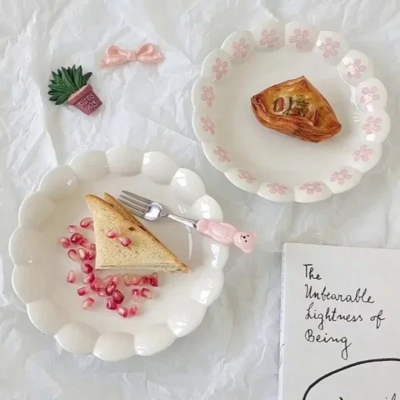 Irregular Ceramic Lovely Pink Petal Dinner Lace Deep Plate