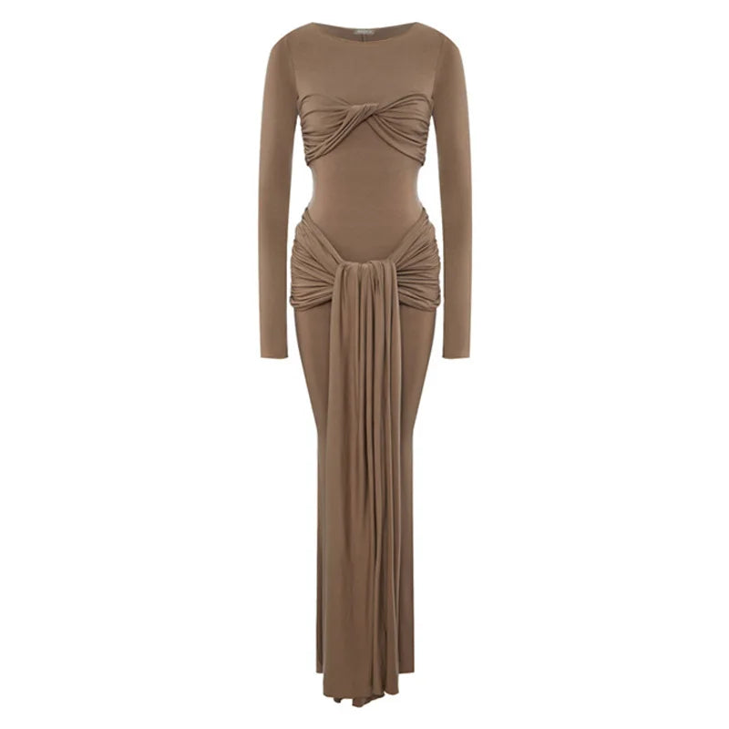 Female Pleated Sexy Maxi Dress Patchwork Twist Slim Long Sleeve Solid Women's Bodycon Dress
