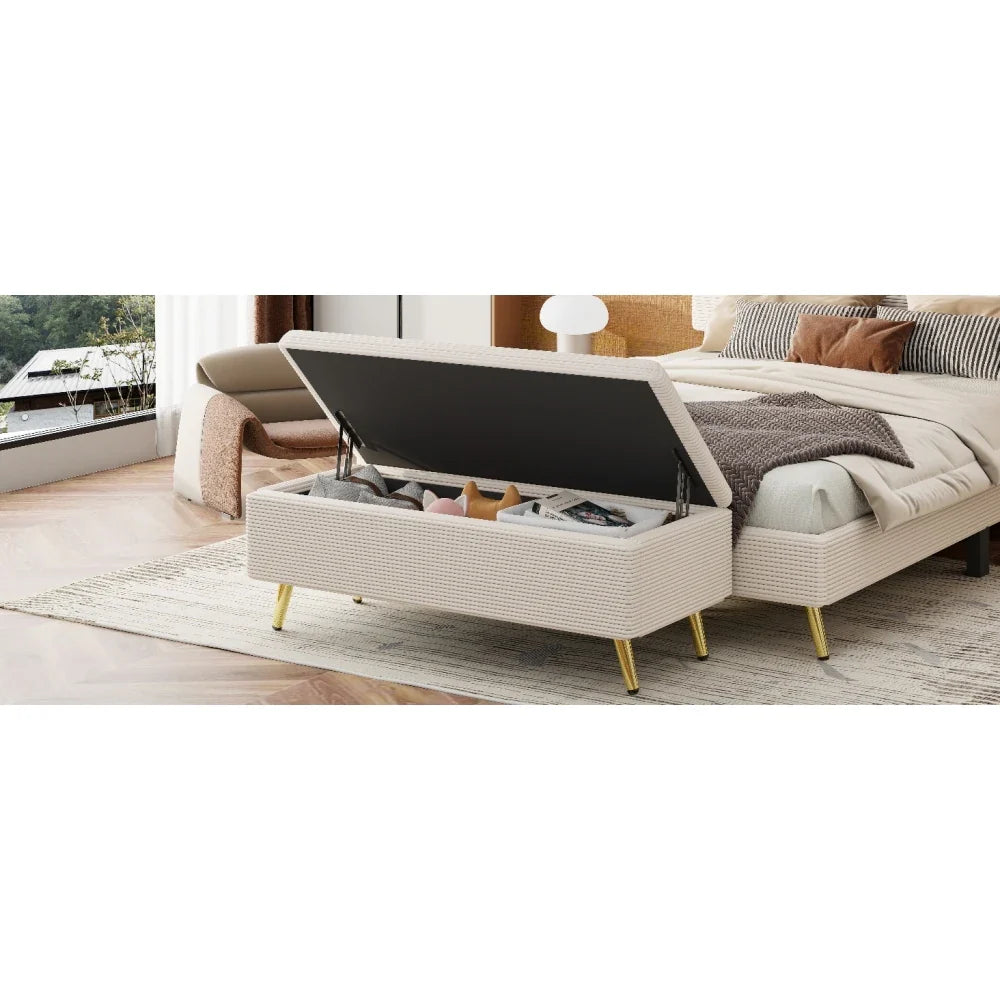 Pink 2 Pieces Bedroom Sets Queen Size Upholstered Bed Frame, Modern Corduroy Storage Ottoman