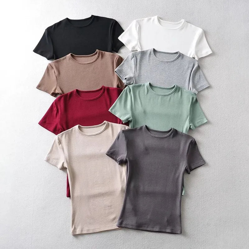 Summer Woman Skinny Fit T-shirt Tight Short-Sleeve O-neck Tee Basic Solid Crop Tops T Shirt