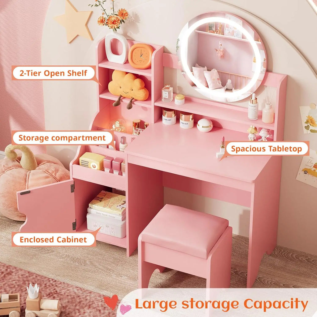 Kids Vanity Desk with Lights Mirror Makeup Vanity Table with Storage Cabinet & Shelves Pink Vanity Set with Chair for Girl