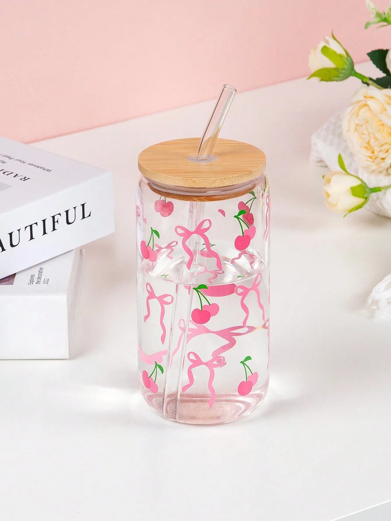 Cute Bow Glass Cup Love Cherry Bow Pattern With Lids & Straw 500ml