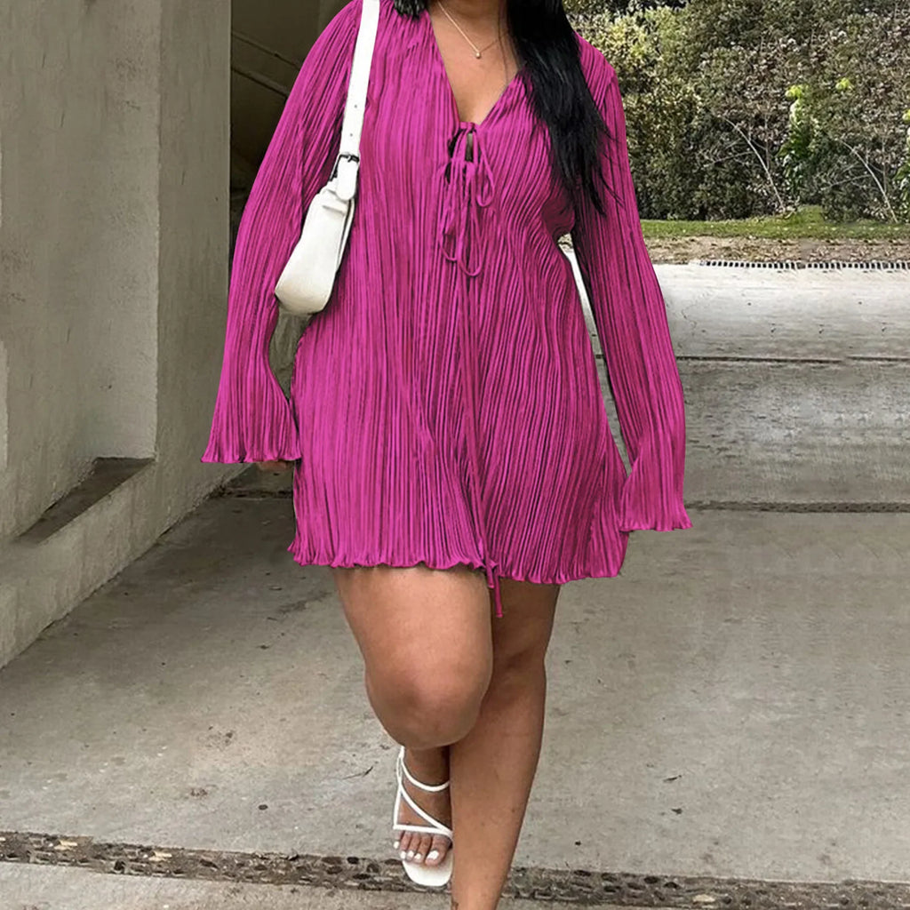 Long Sleeve Women V-neck Pleated Dress Casual Streetwear Plus Size Mini Dresses Party Casual