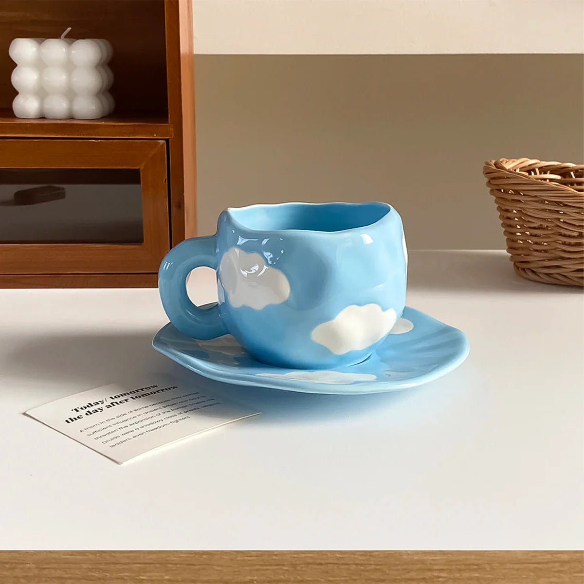 Hand-Kneaded Ceramic Cup and Saucer Multi-Color Plaid Heart Blue Sky and White Clouds Flower Mug Suitable for Afternoon Tea