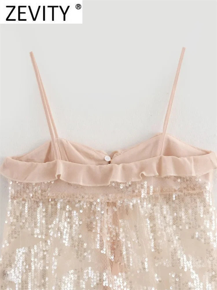 Women Chic Pleat Ruffles Sequined Design Chiffon Sling Camis Tank Lady Backless Short Crop Shirt Blouse Tops