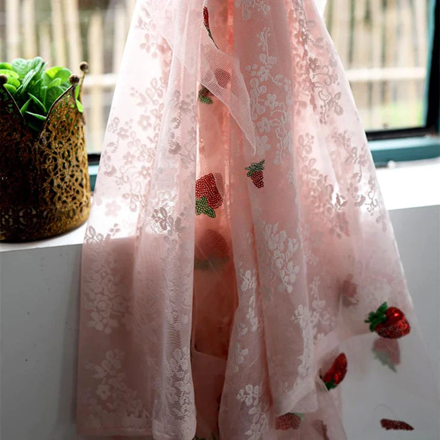 French Pink Lace Cute Strawberry Sequin Lace Curtains