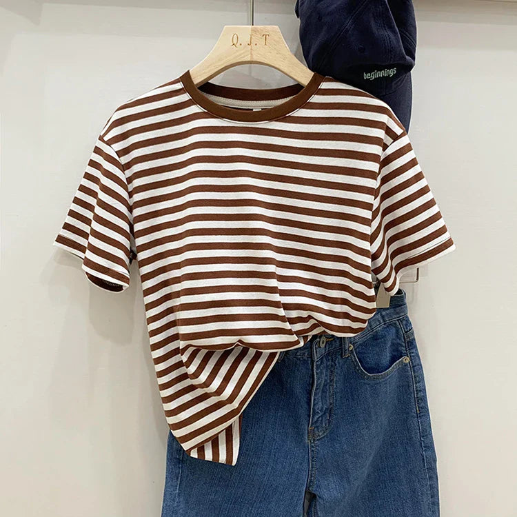Summer Short Sleeve Striped T-Shirts Versatile Women Knitted Basic Casual Tops Female Cozy Loose Cotton Tees