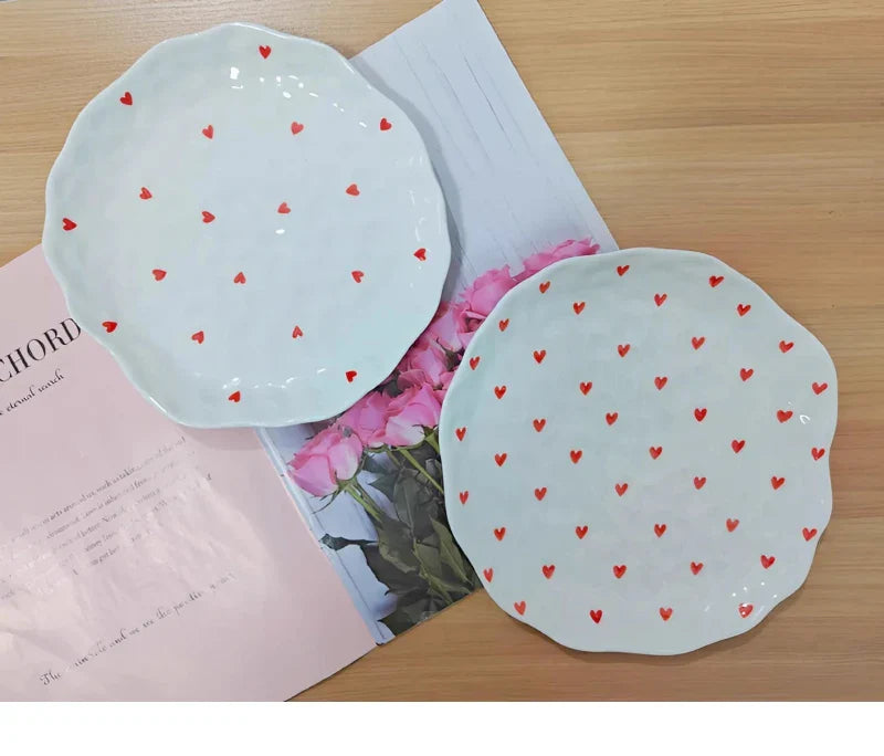 Red Hearts Ceramic Hand-Made Irregular Shaped Porcelain Plates