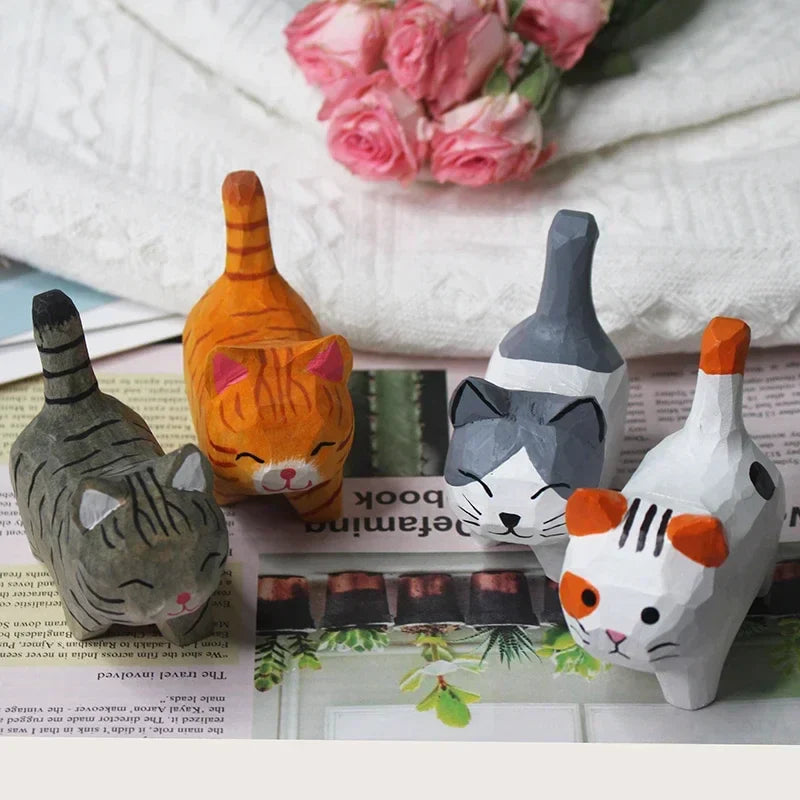 Handmade Wood Carving Kitten Ornaments Small Animal Creative Desktop Wood Cat Decoration Crafts