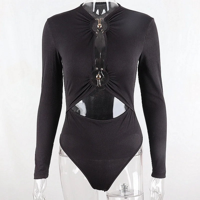 Sexy Hollow Out Long Sleeve Bodysuit Metal Ring Connection Fashion Folds Women Bodice Black Bodycon Top