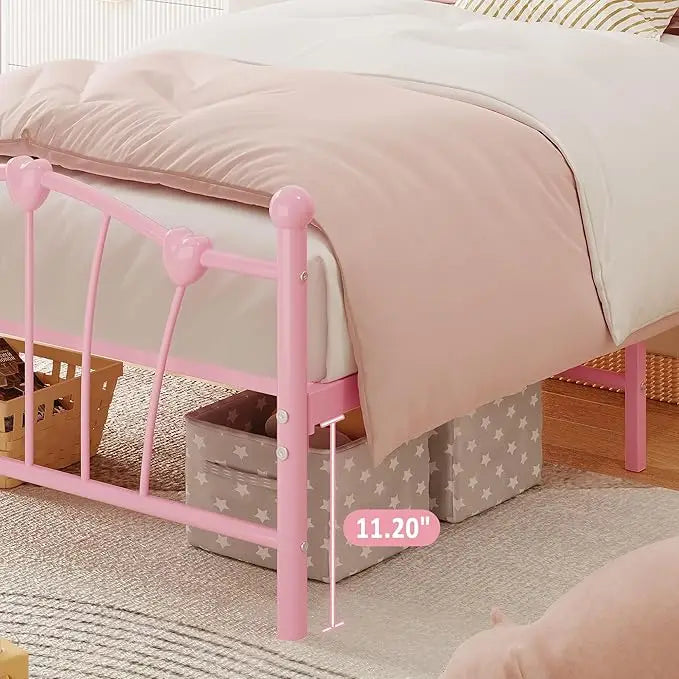 Twin Size Bed Frame, Heart Shaped Metal Bed Frame with Headboard and Footboard, Platform Bed Frame with Sturdy Slat Support