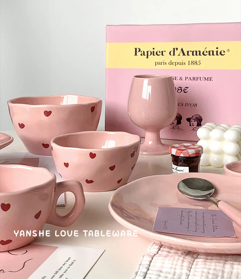 Pink Heart Pattern Ceramic Plate l Cup Bowl Dinner Tableware