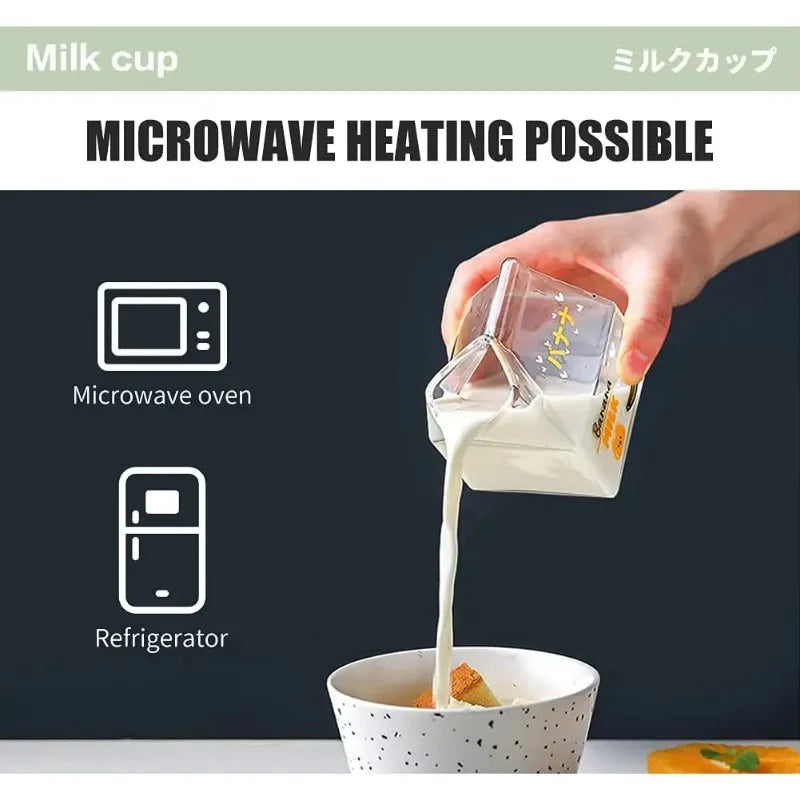 Square Glass Cup Heat Resistant Cute Cartoon Cup Kawaii Milk Juice Mug Bottle Box 380ml