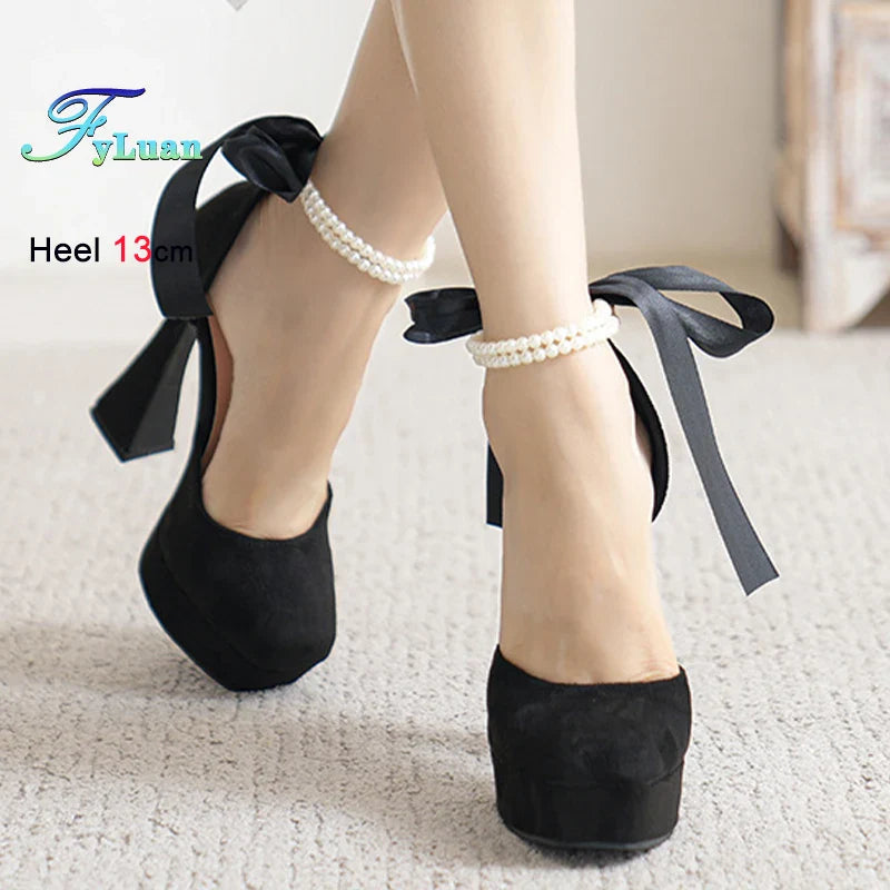 Fashion Super High Heels Sandals Bow Buckle Square Head Heels Ladies Shoes