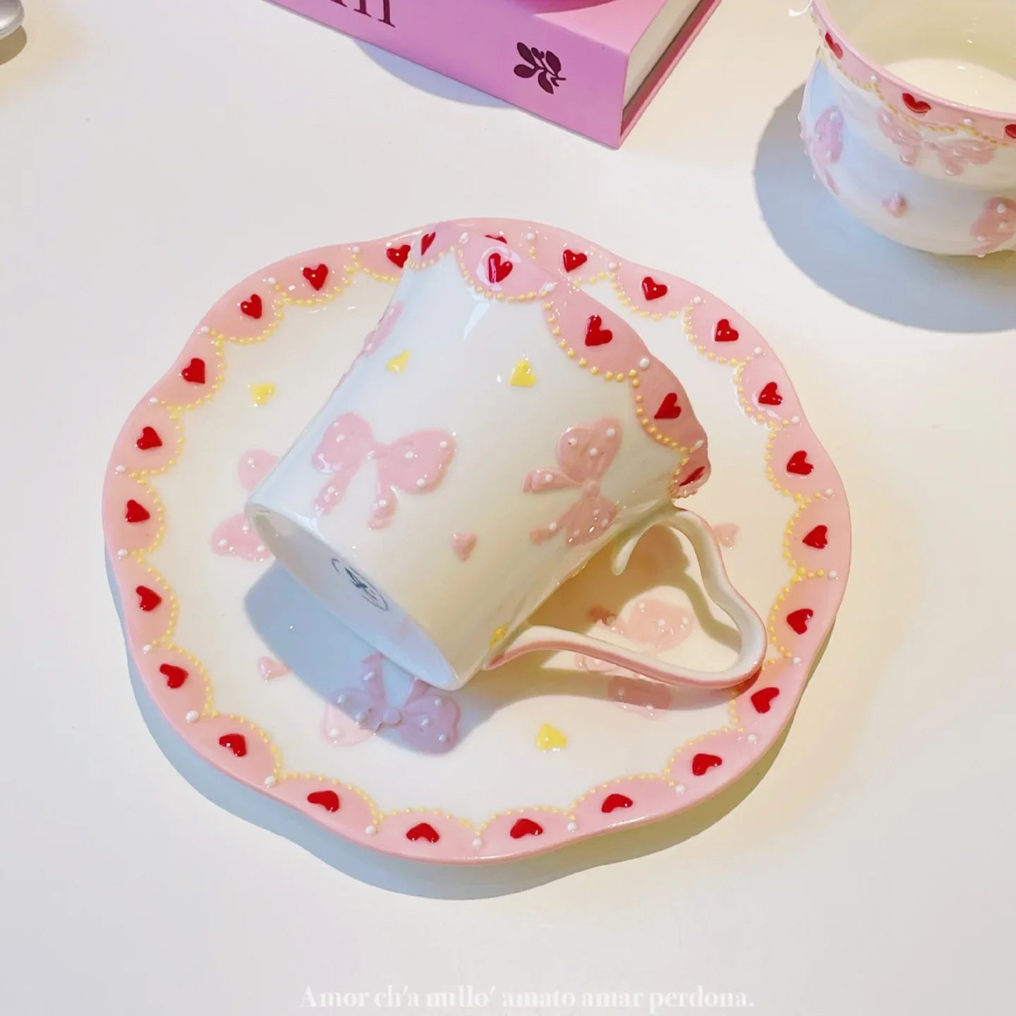 Pink Bow Ceramic Cup Saucer Set Handmade High Quality Cute Bow Breakfast Cups