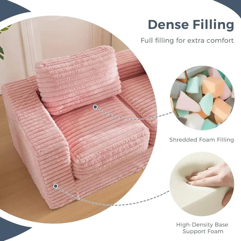 Two-Seat Bean Bag Sofa with Pillows and Armrests, Upholstered Loveseat in Pink, Comfortable Floor Seating