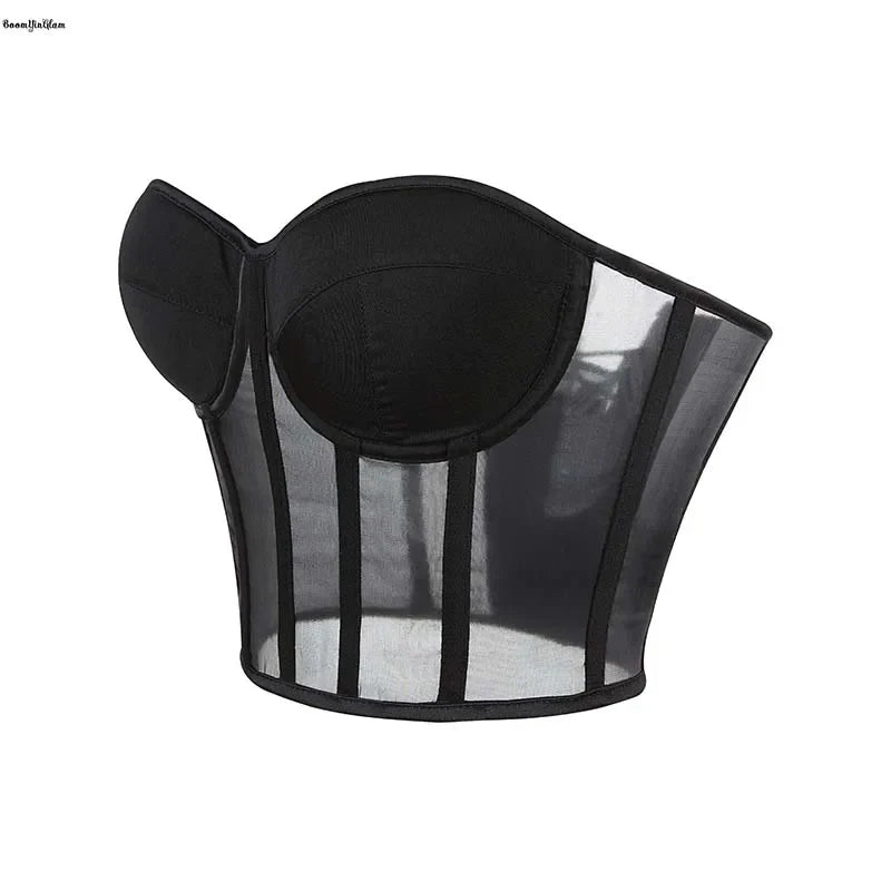 Summer Translucent Corset Women's Mesh Crop Top Black Padded Bra Bustier