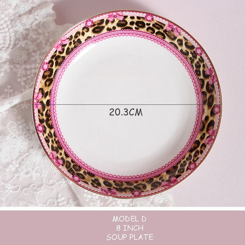 Pink Heart Shaped Dining Plate, Breakfast Tray, Ceramic Lace, Leopard Pattern Tableware, Afternoon Tea Salad Dessert