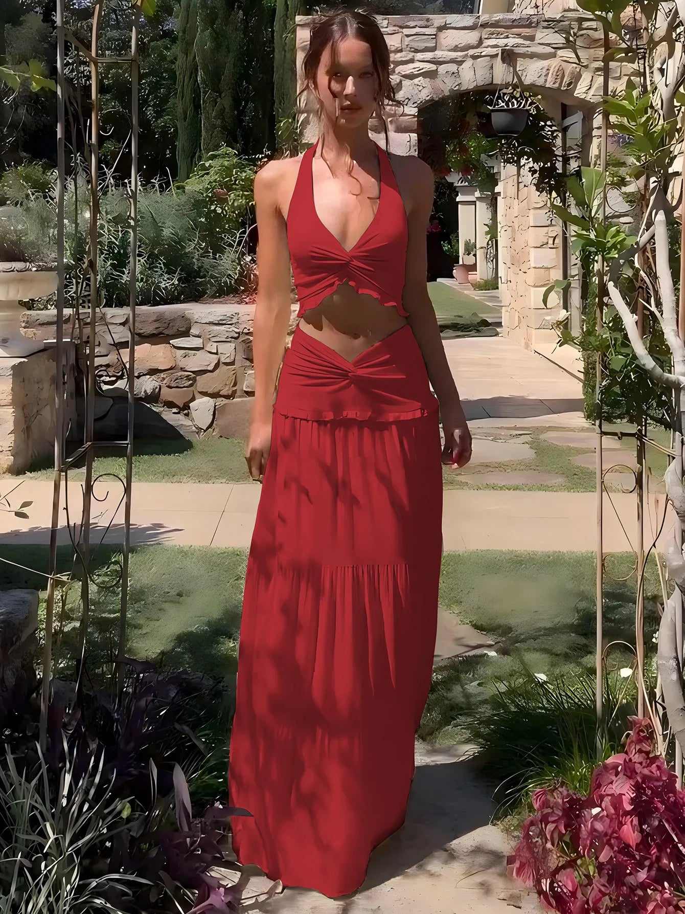 Sexy Elegant Ruched 2 Piece Skirt Set Lace Up Ruffles Patchwork Crop Top Tiered Maxi Skirt Matching Set