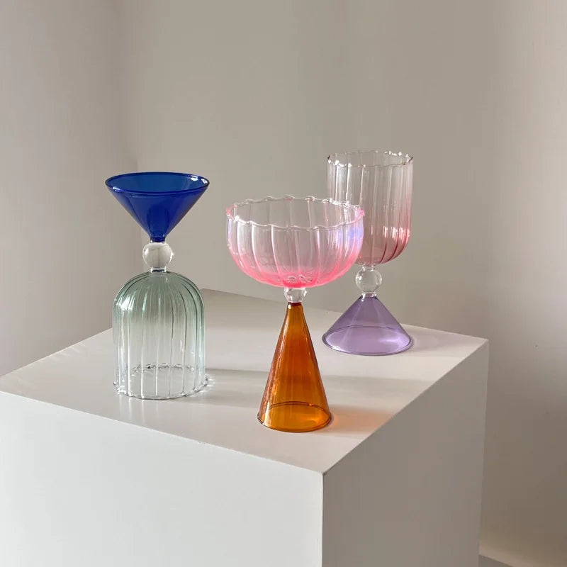 Clear Two Tone Green Blue Amber Purple Colored Ripple Style Martini Mojito Champagne Margarita Cocktail Glasses Goblet Cup