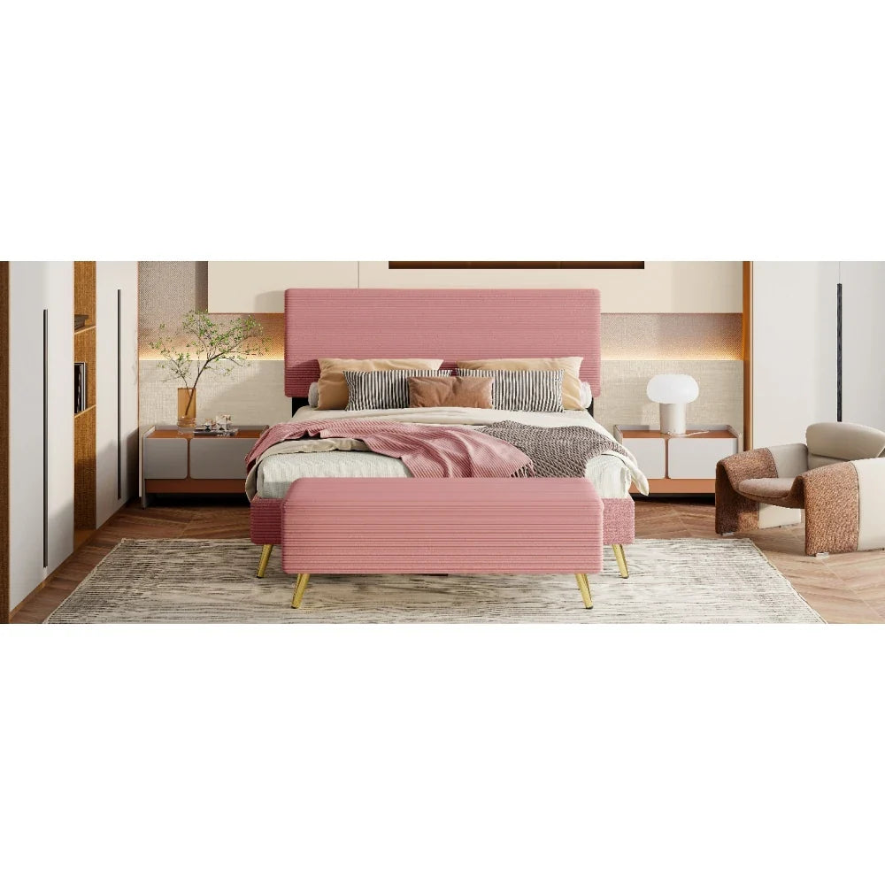 Pink 2 Pieces Bedroom Sets Queen Size Upholstered Bed Frame, Modern Corduroy Storage Ottoman