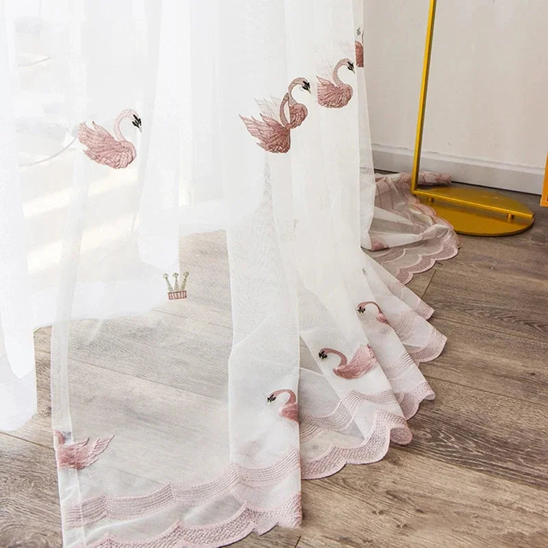 Pink Swan Embroidered Curtain, Sheer Tulle Curtains for Home Decoration Voile Drapes