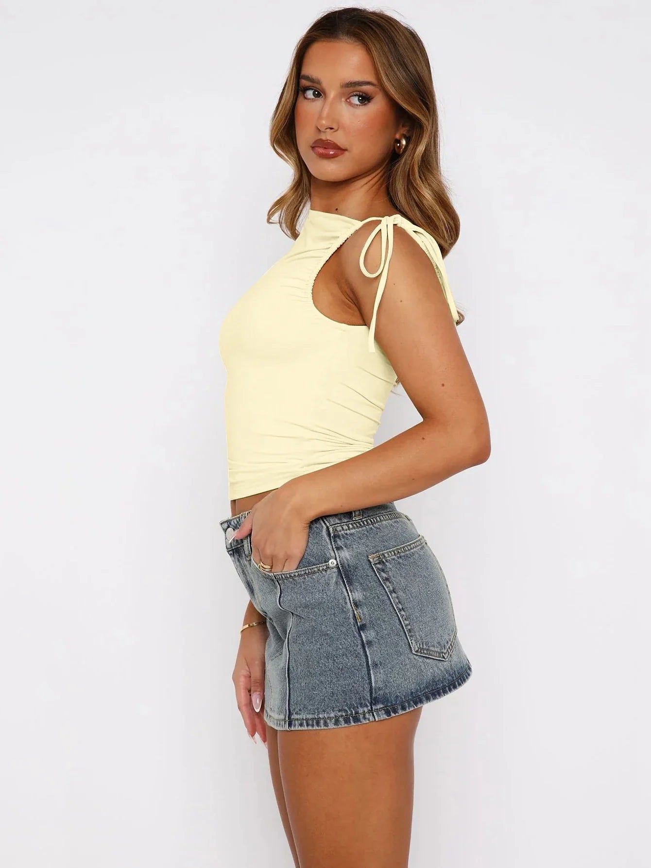 Sleeveless Skew Collar Ruched Lace Up Bodycon Crop Top Sexy Elegant l