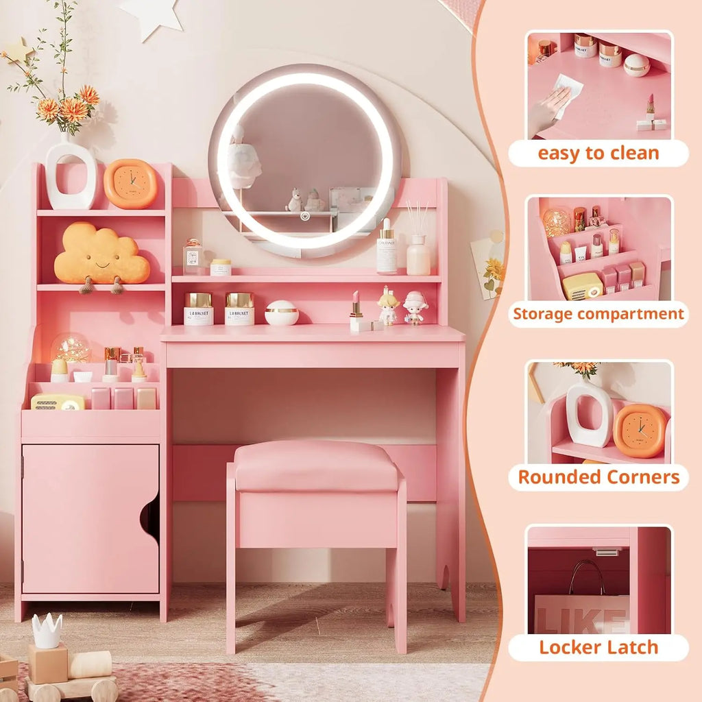 Kids Vanity Desk with Lights Mirror Makeup Vanity Table with Storage Cabinet & Shelves Pink Vanity Set with Chair for Girl