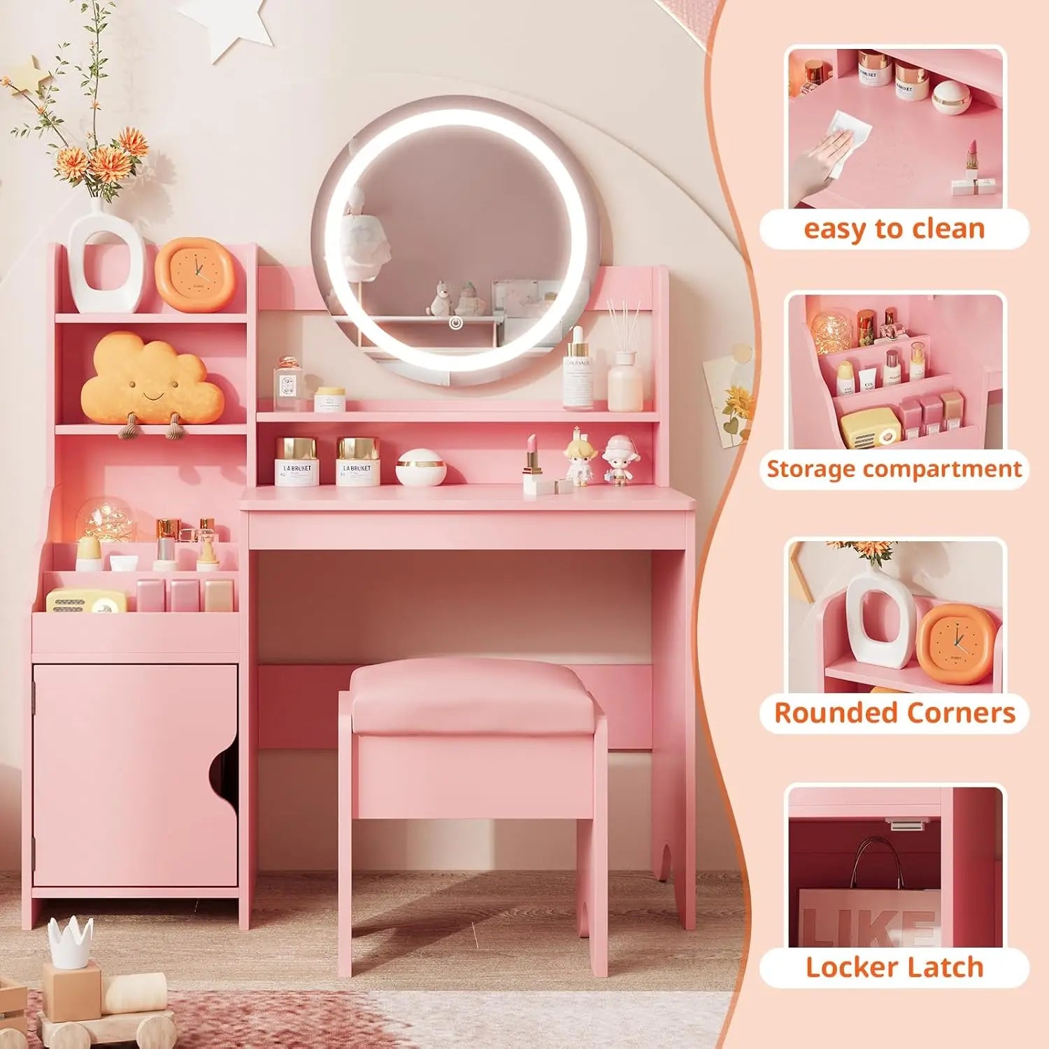 Kids Vanity Desk with Lights Mirror Makeup Vanity Table with Storage Cabinet & Shelves Pink Vanity Set with Chair for Girl