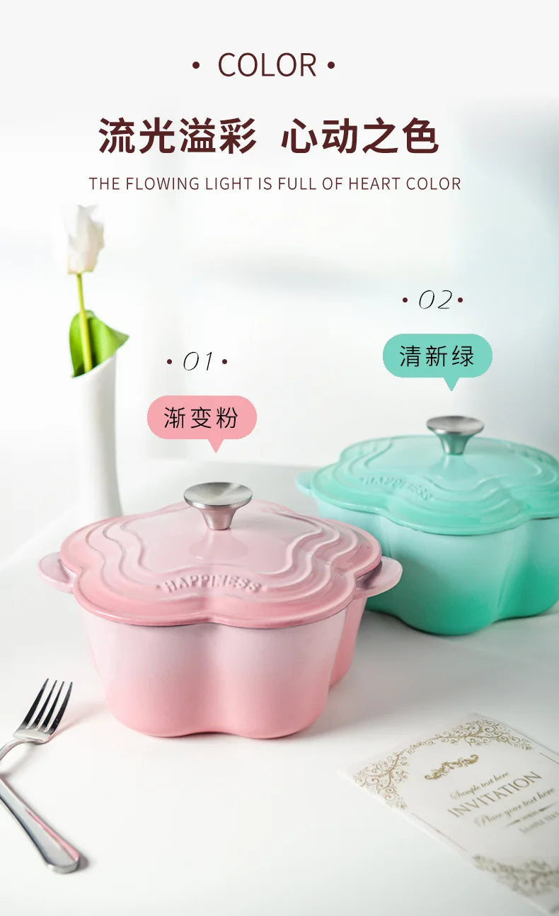 Petal Cast Iron Pots Dutch Oven Binaural Enamel Pot for Bake Bread and Casserole Dish Braising with Lid for All Heat Source