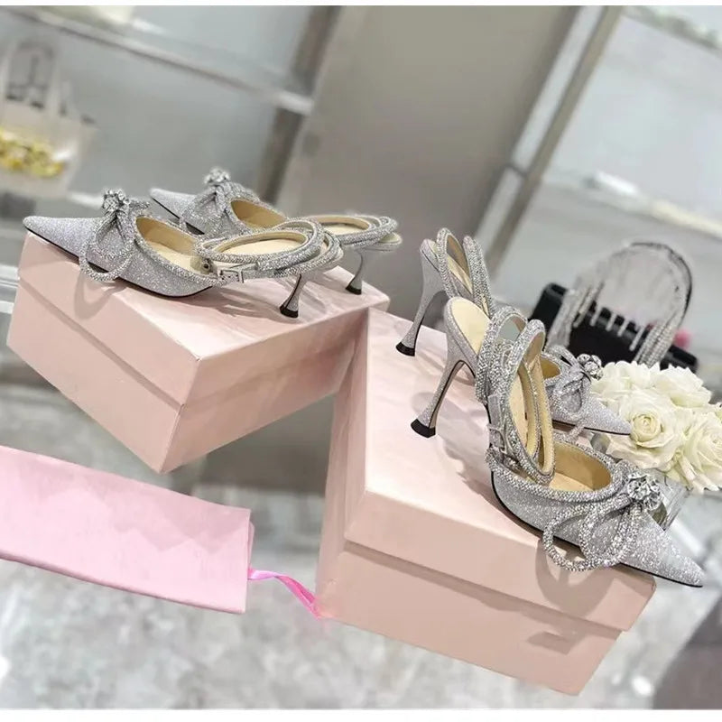 Glitter Crystal Women Pumps Sexy Ankle strap Rhinestones Bowknot High Heels