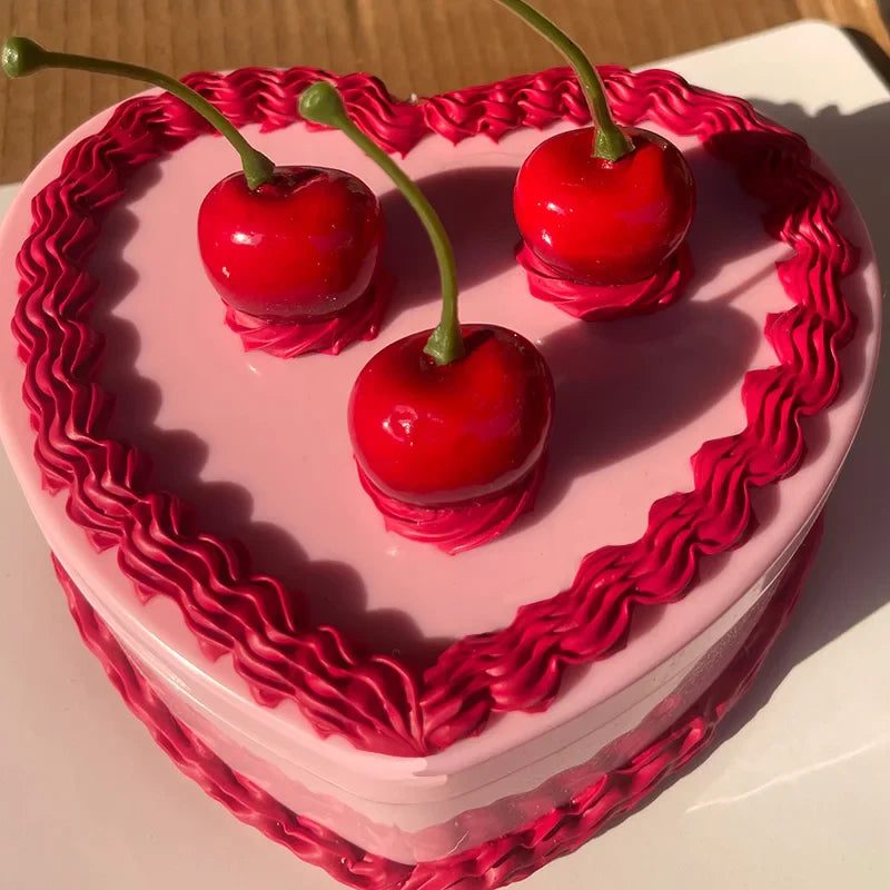 Cherry Heart Storage Box DIY Double Layer Candy Box with Mirror Girl Gift Box Portable Mirror Make Up Organize