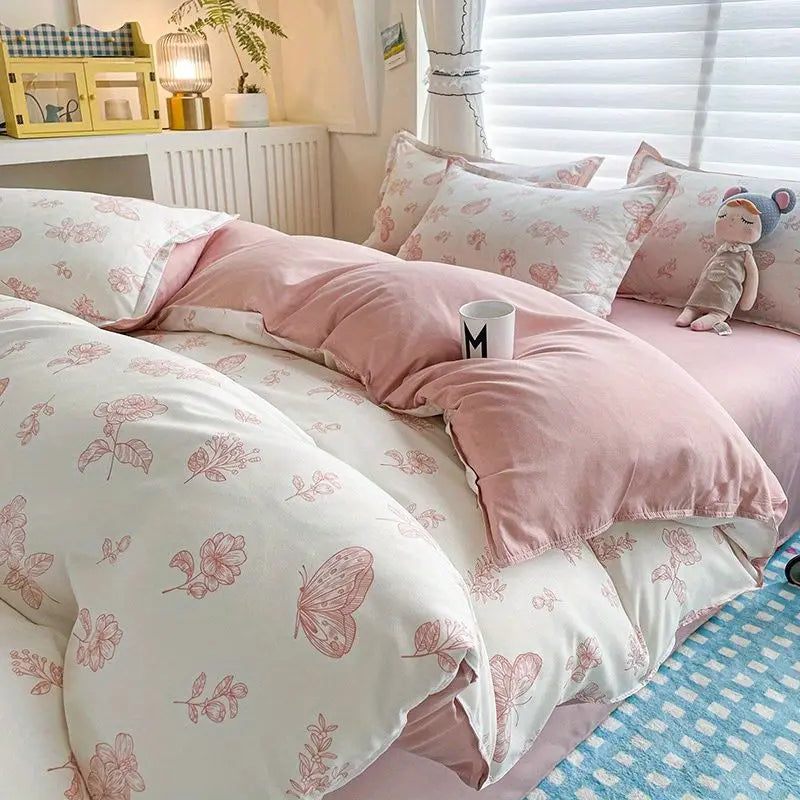 Pink Bedding Set Twin Full Queen Duvet Cover Girls Floral Bed Flat Sheet Pillowcase